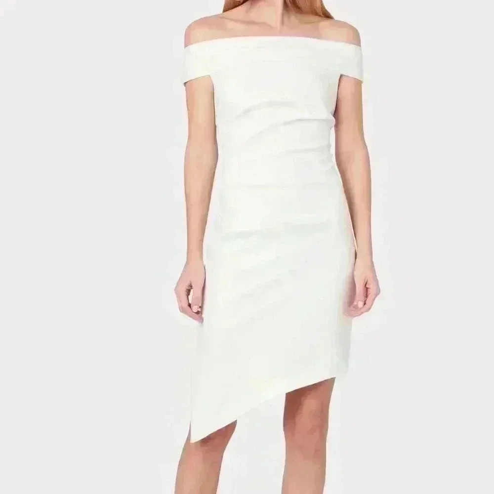 Milly Ally Off The Shoulder Cocktail Dress Asymmetrical Ecru Size 4 Like NEW